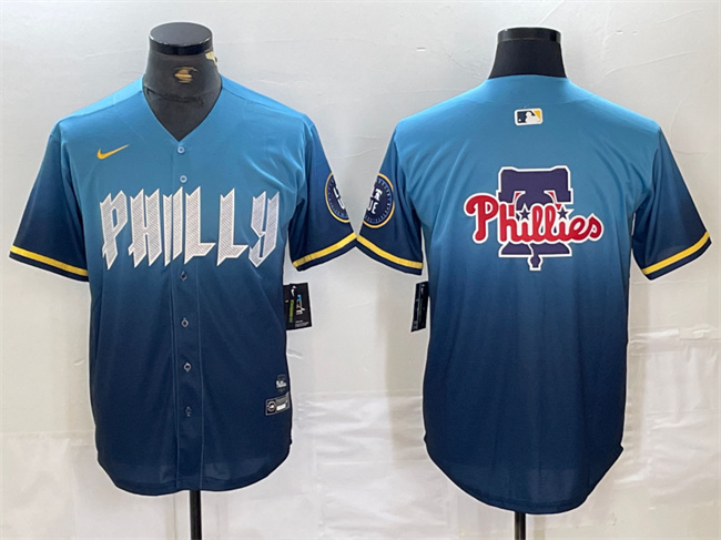Men's Philadelphia Phillies Blue Team Big Logo 2024 City Connect Limited Stitched Baseball Jersey